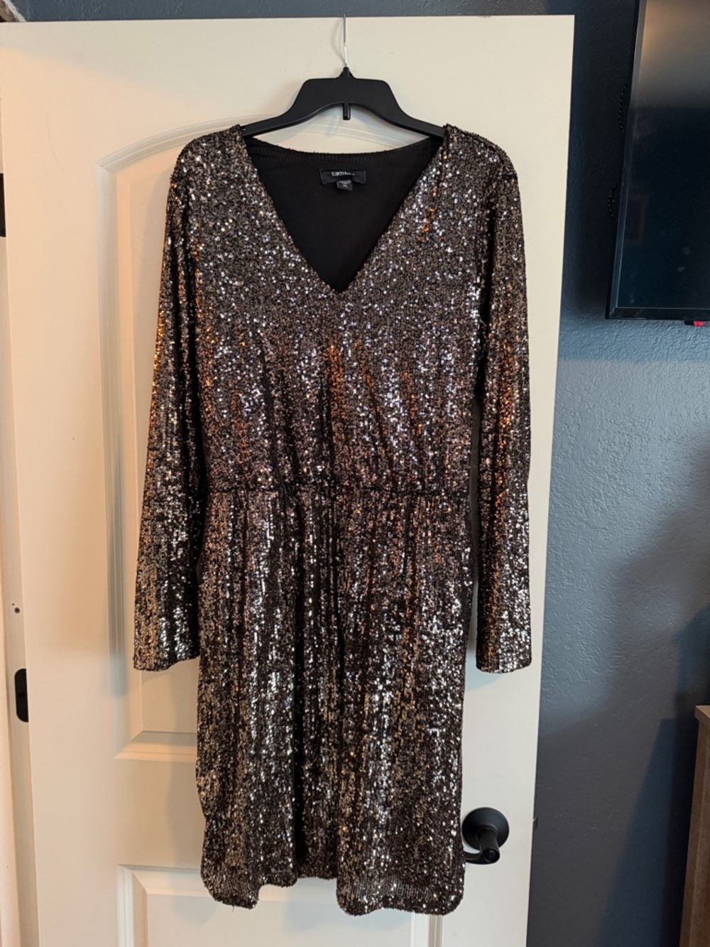 Black & Gold Sequin V-Neck Long Sleeve Dress